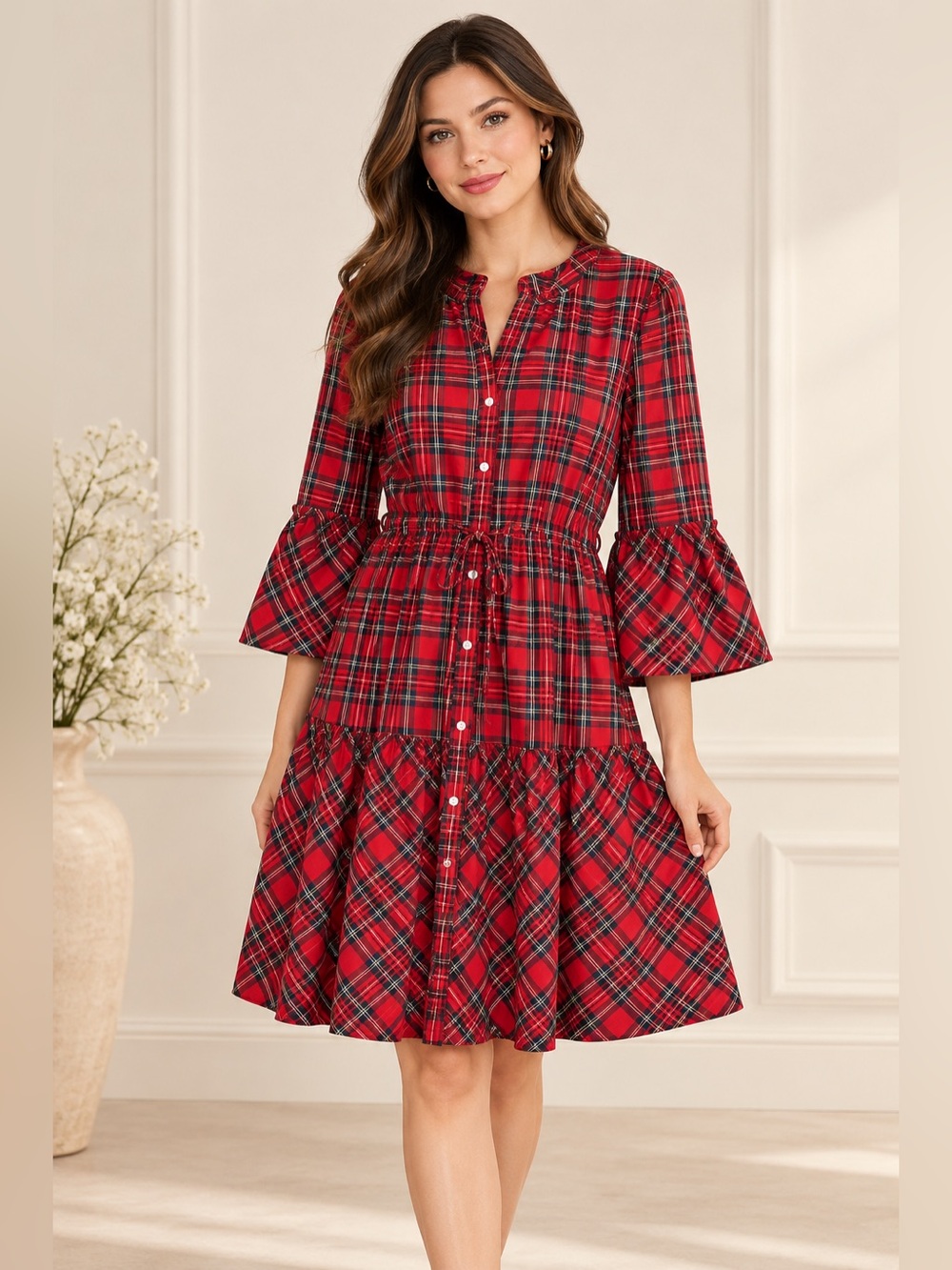 Draper James Red Plaid Tartan Bell Sleeve Dress Size L